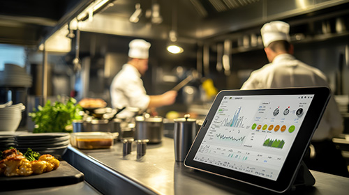 modern kitchen with chefs working tablet displaying data analytics