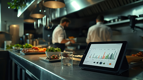 Chefs analyzing data in modern kitchen.