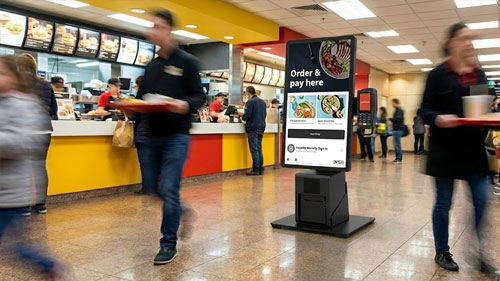 Self-service kiosk in fast food restaurant
